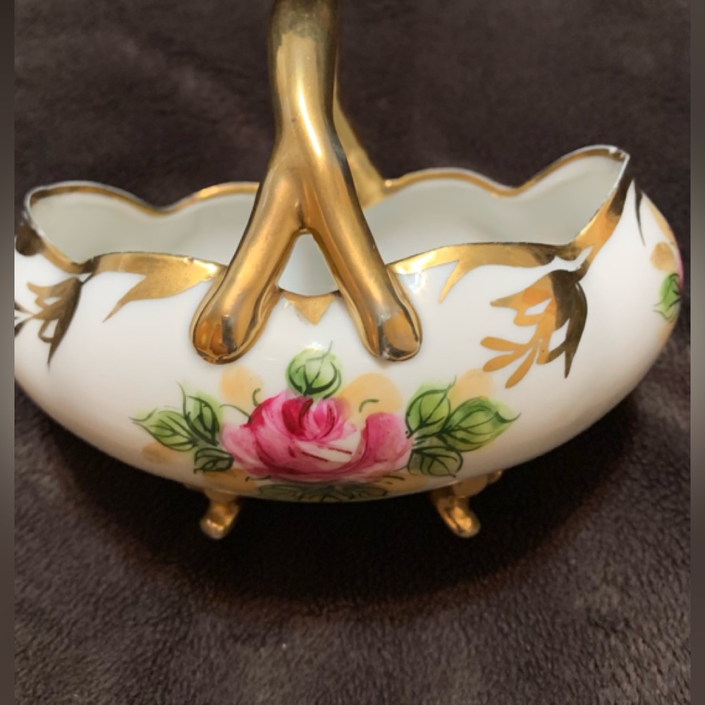 LIMOGES Vintage hand painted 4 footed Porcelain floral basket GUC
